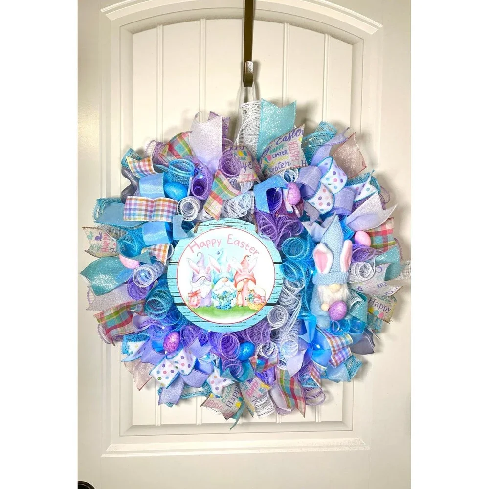 Handmade Easter Bunny Gnome Prelit Ribbon Wreath 22 in LED W9